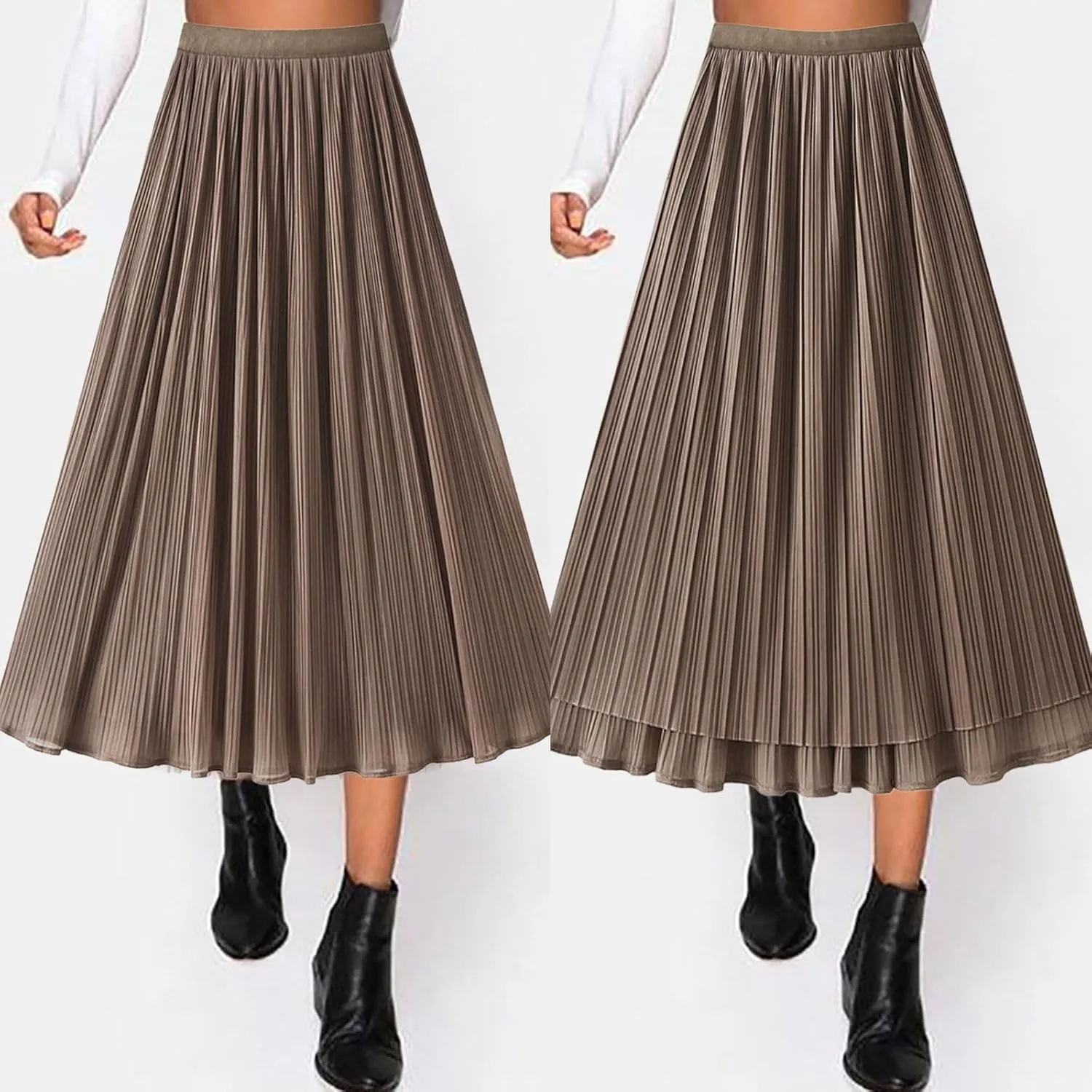 Women High Elastic Waist Pleated Chiffon Skirt Midi Swing A-line Skirts Elastic Waist Knee Length Half Dress