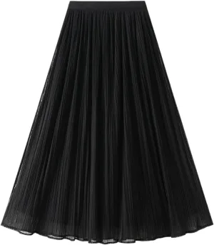 Women High Elastic Waist Pleated Chiffon Skirt Midi Swing A-line Skirts Elastic Waist Knee Length Half Dress