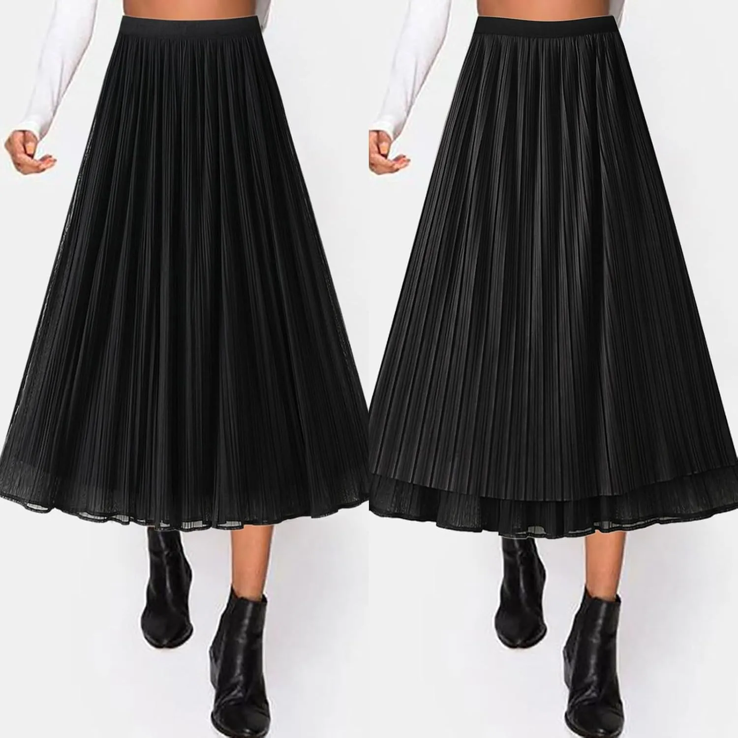 Women High Elastic Waist Pleated Chiffon Skirt Midi Swing A-line Skirts Elastic Waist Knee Length Half Dress