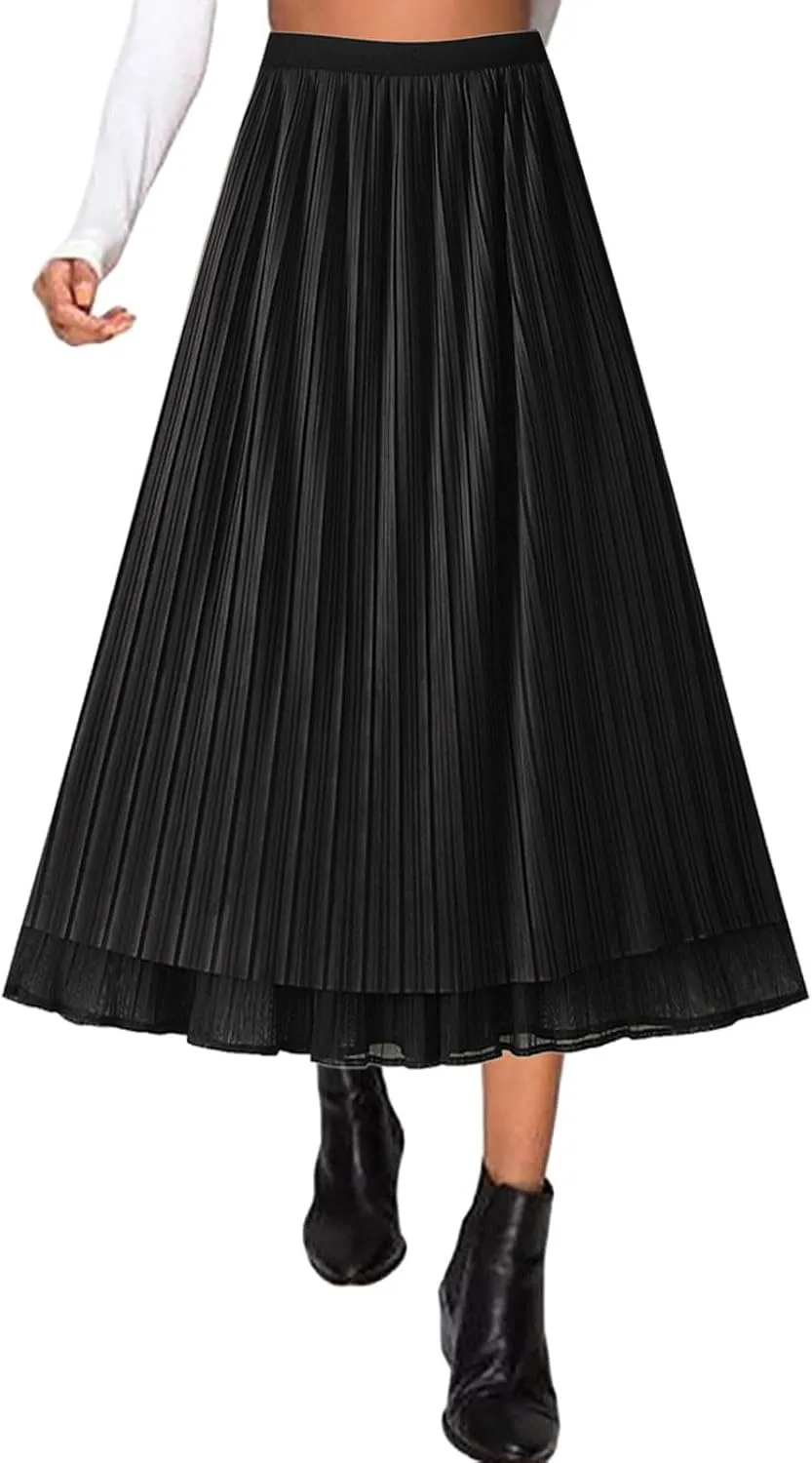 Women High Elastic Waist Pleated Chiffon Skirt Midi Swing A-line Skirts Elastic Waist Knee Length Half Dress