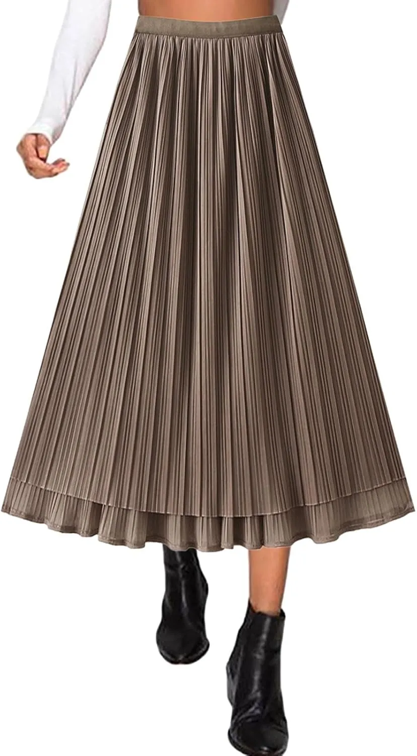 Women High Elastic Waist Pleated Chiffon Skirt Midi Swing A-line Skirts Elastic Waist Knee Length Half Dress