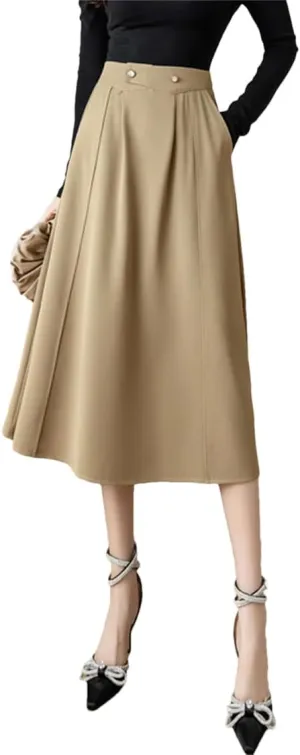 Women High Waist A-Line Skirts Stitching Vintage Pleated Skirts Simple Office Lady Black Midi Skirts