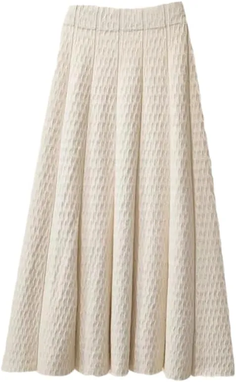 Women High Waist Knitted Midi Skirt Simple Solid Pleated Med-Long A-Line Skirts
