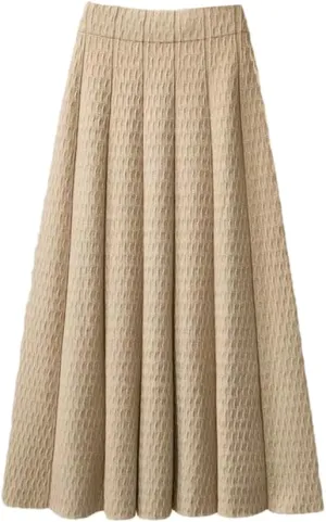 Women High Waist Knitted Midi Skirt Simple Solid Pleated Med-Long A-Line Skirts