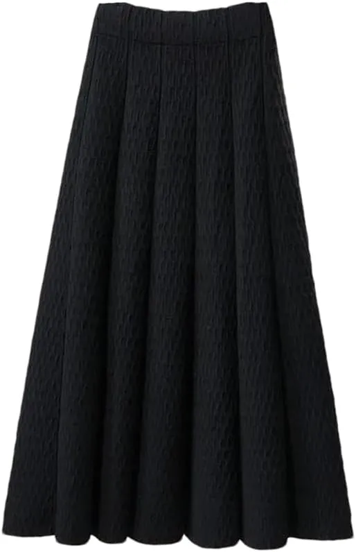 Women High Waist Knitted Midi Skirt Simple Solid Pleated Med-Long A-Line Skirts