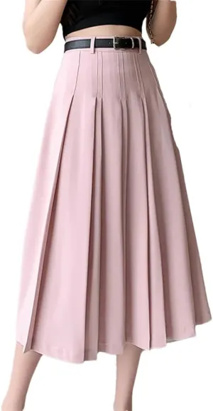 Women High Waist Pleated A-Line Skirts Long Skirt Vintage Draped Skirts