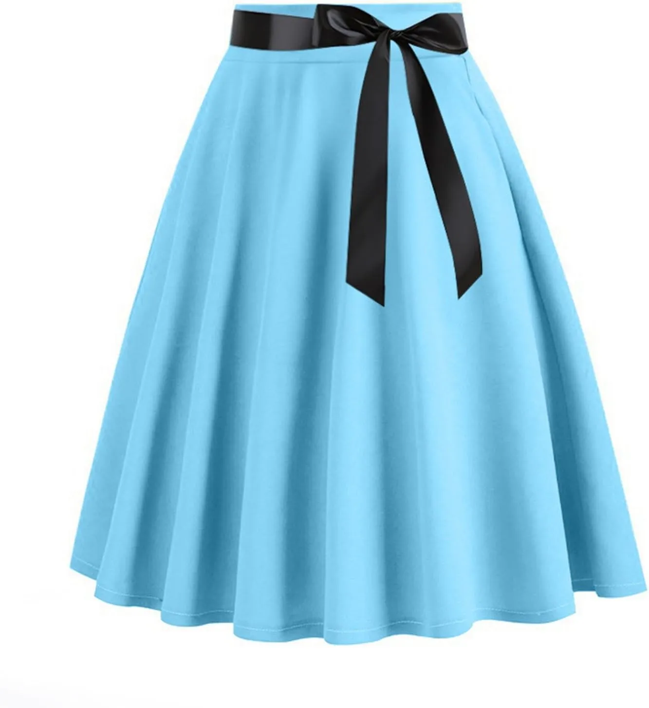 Women Knee Length 50s Retro Skirts Vintage Hepburn Rockabilly Skirts High Waist Flared A-Line Swing Skirt with Belt