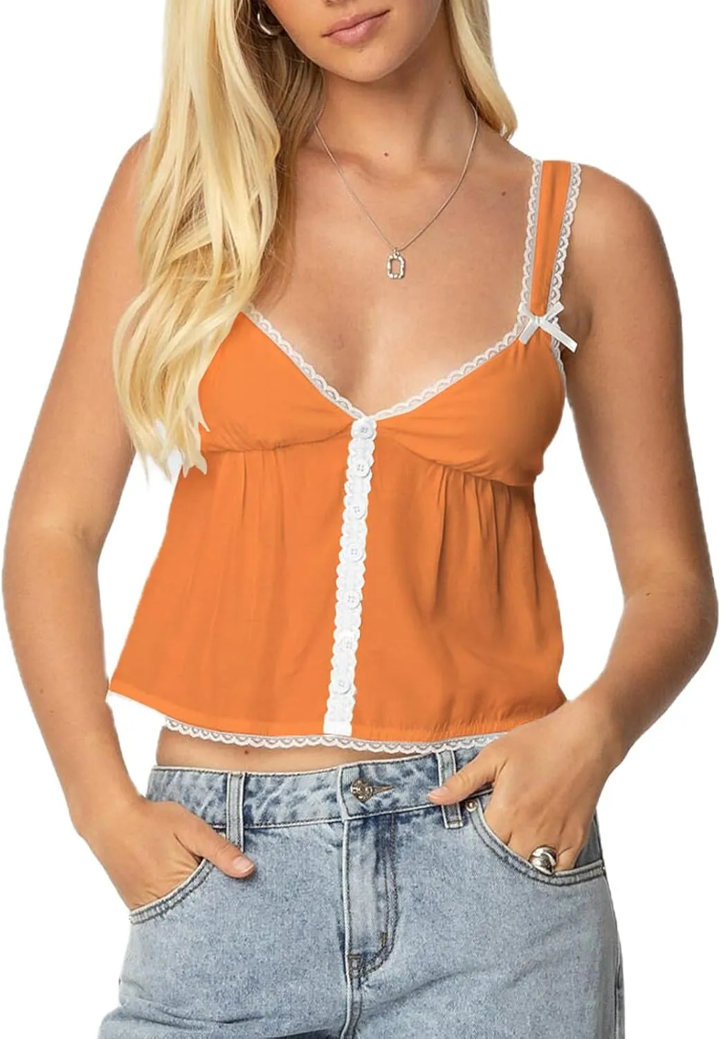 Women Lace Trim Ruffle Tank Tops Y2K Cute Fairy Babydoll Bow Button Down Camisole Summer Going Out Tops
