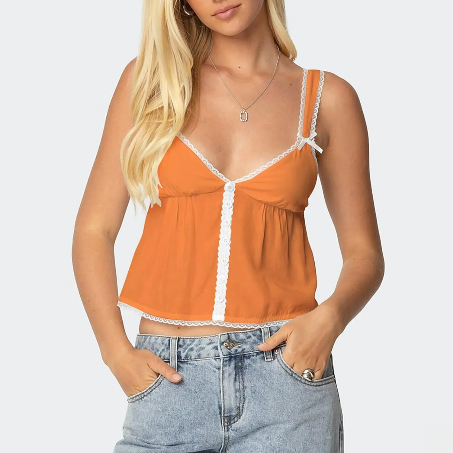 Women Lace Trim Ruffle Tank Tops Y2K Cute Fairy Babydoll Bow Button Down Camisole Summer Going Out Tops
