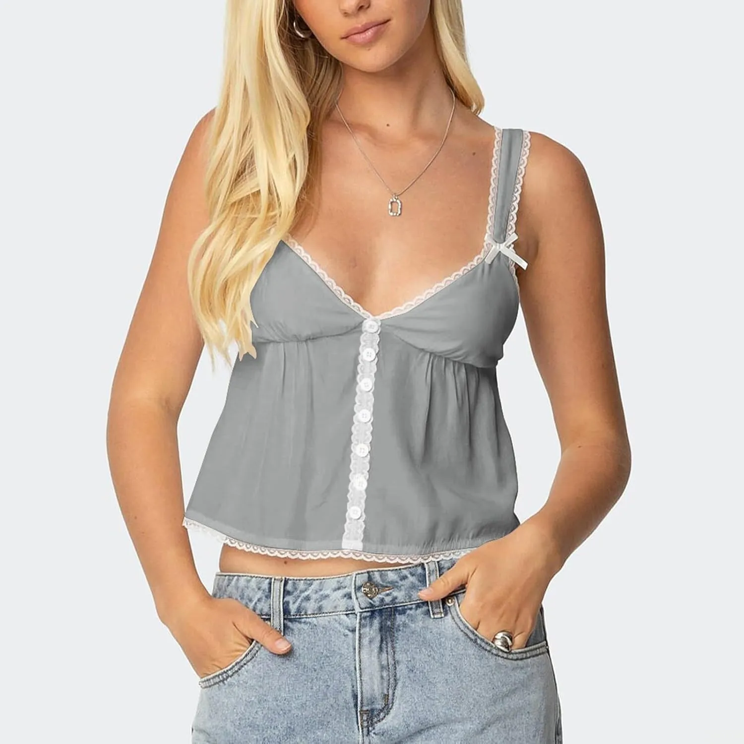 Women Lace Trim Ruffle Tank Tops Y2K Cute Fairy Babydoll Bow Button Down Camisole Summer Going Out Tops