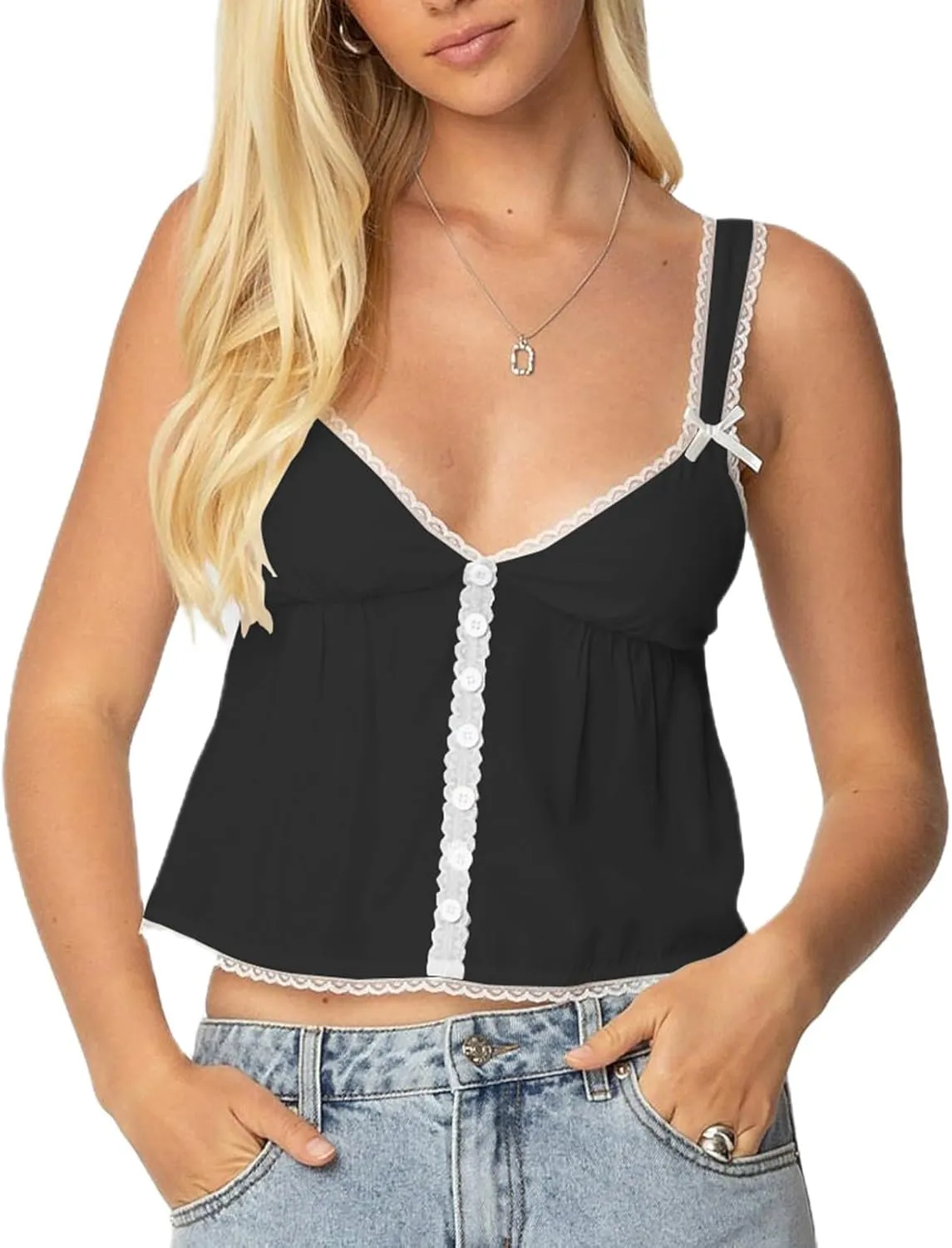 Women Lace Trim Ruffle Tank Tops Y2K Cute Fairy Babydoll Bow Button Down Camisole Summer Going Out Tops