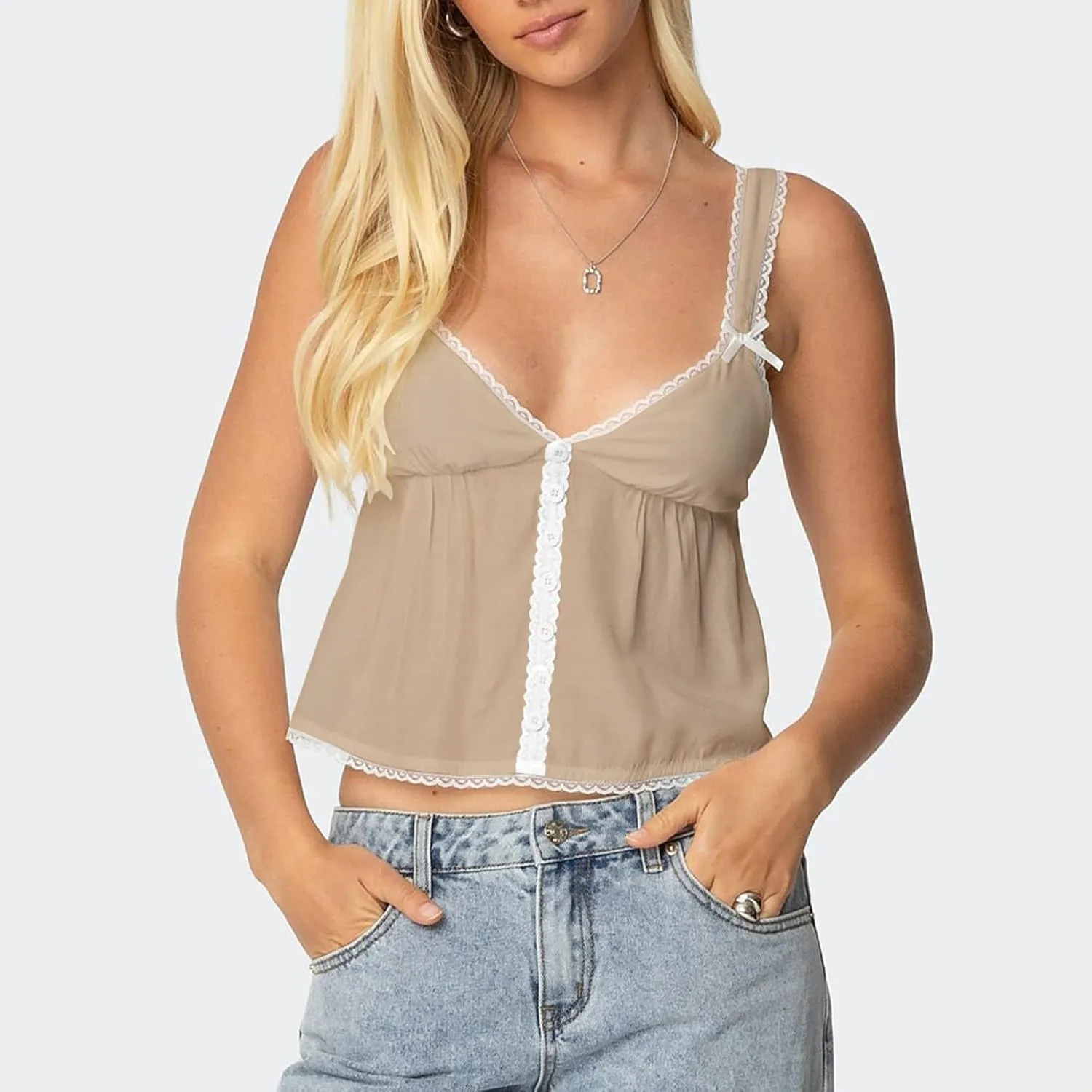 Women Lace Trim Ruffle Tank Tops Y2K Cute Fairy Babydoll Bow Button Down Camisole Summer Going Out Tops