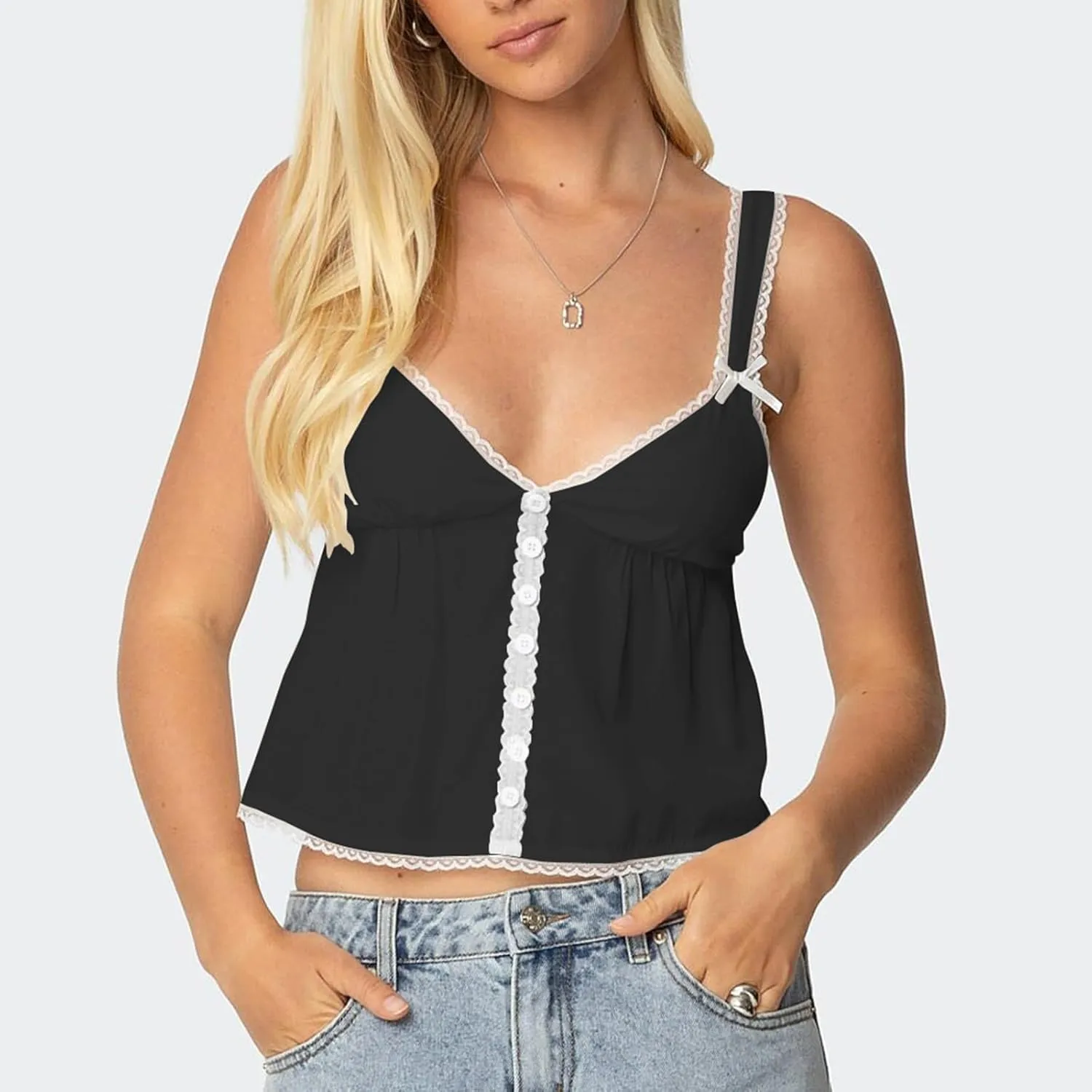 Women Lace Trim Ruffle Tank Tops Y2K Cute Fairy Babydoll Bow Button Down Camisole Summer Going Out Tops