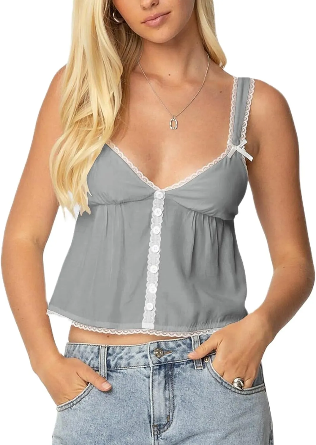 Women Lace Trim Ruffle Tank Tops Y2K Cute Fairy Babydoll Bow Button Down Camisole Summer Going Out Tops
