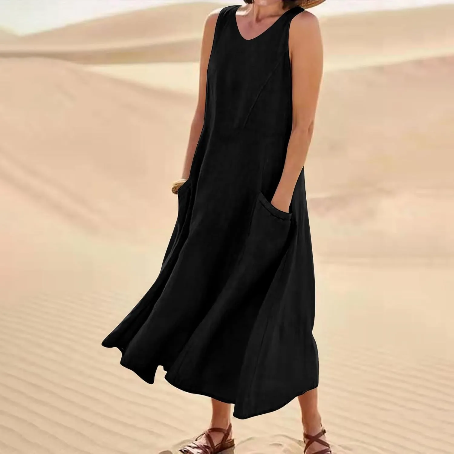 Women Linen Dresses 2025 Summer Cotton Linen Beach Long Dress Sleeveless Elegant Plus Size Maxi Sundress with Pocket