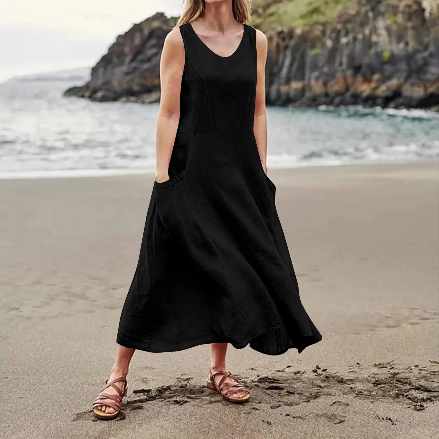 Women Linen Dresses 2025 Summer Cotton Linen Beach Long Dress Sleeveless Elegant Plus Size Maxi Sundress with Pocket