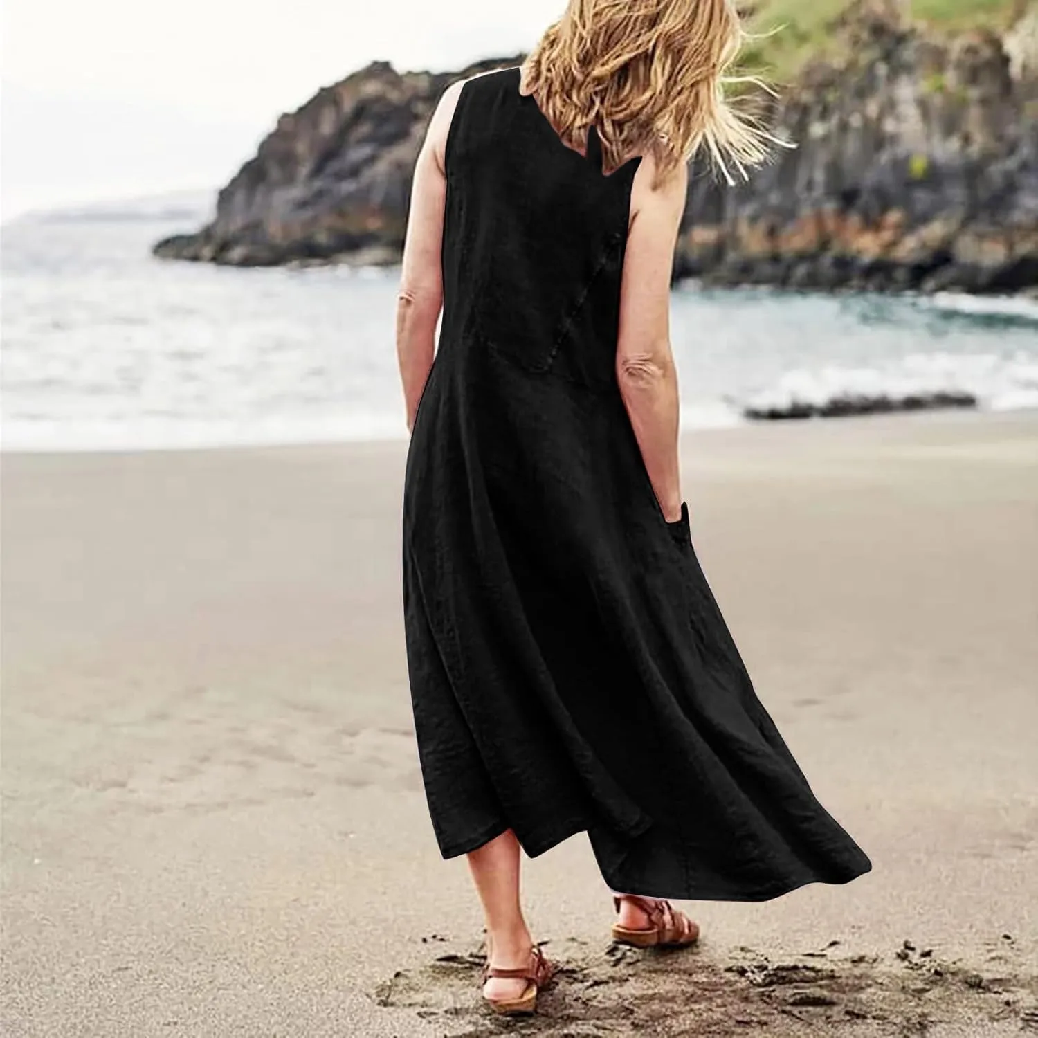 Women Linen Dresses 2025 Summer Cotton Linen Beach Long Dress Sleeveless Elegant Plus Size Maxi Sundress with Pocket