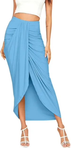 Women Maxi Long Skirt Beach Skirt Maxi Solid Draped Slit High Elastic Women's Casual Skirt Wrap Tennis Skirt