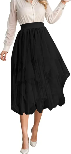 Women Mesh Tutu Skirt Layered Tulle Elastic High Waist Skirt High Low Irregular Hem Pleated A-line Midi Skirt