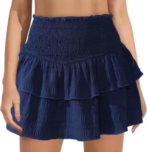 Women Mini Skirt Basic Elastic Waist Stretchy Solid Color Pleated Skirts Casual High Waisted Soft Summer Skorts