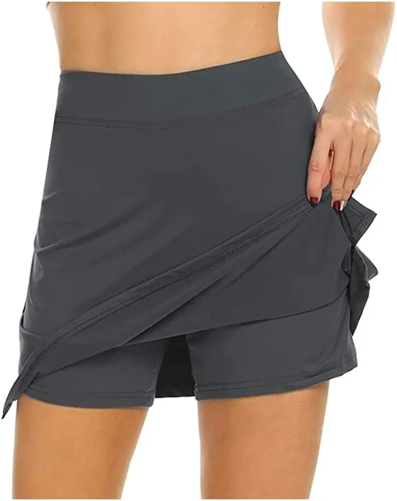Women Mini Skirt with Shorts Trendy High Waisted Side Slit Solid Color Casual Active Golf Yoga Running Shift Skirts
