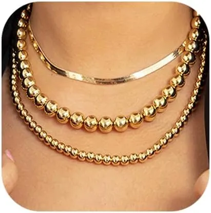 Women Multilayer Silver Gold Dainty Layered Choker Necklaces Handmade Beads Fashion Chunky Pendant Multilayer Adjustable Layering Chain Gold Plated Necklaces Set for Women