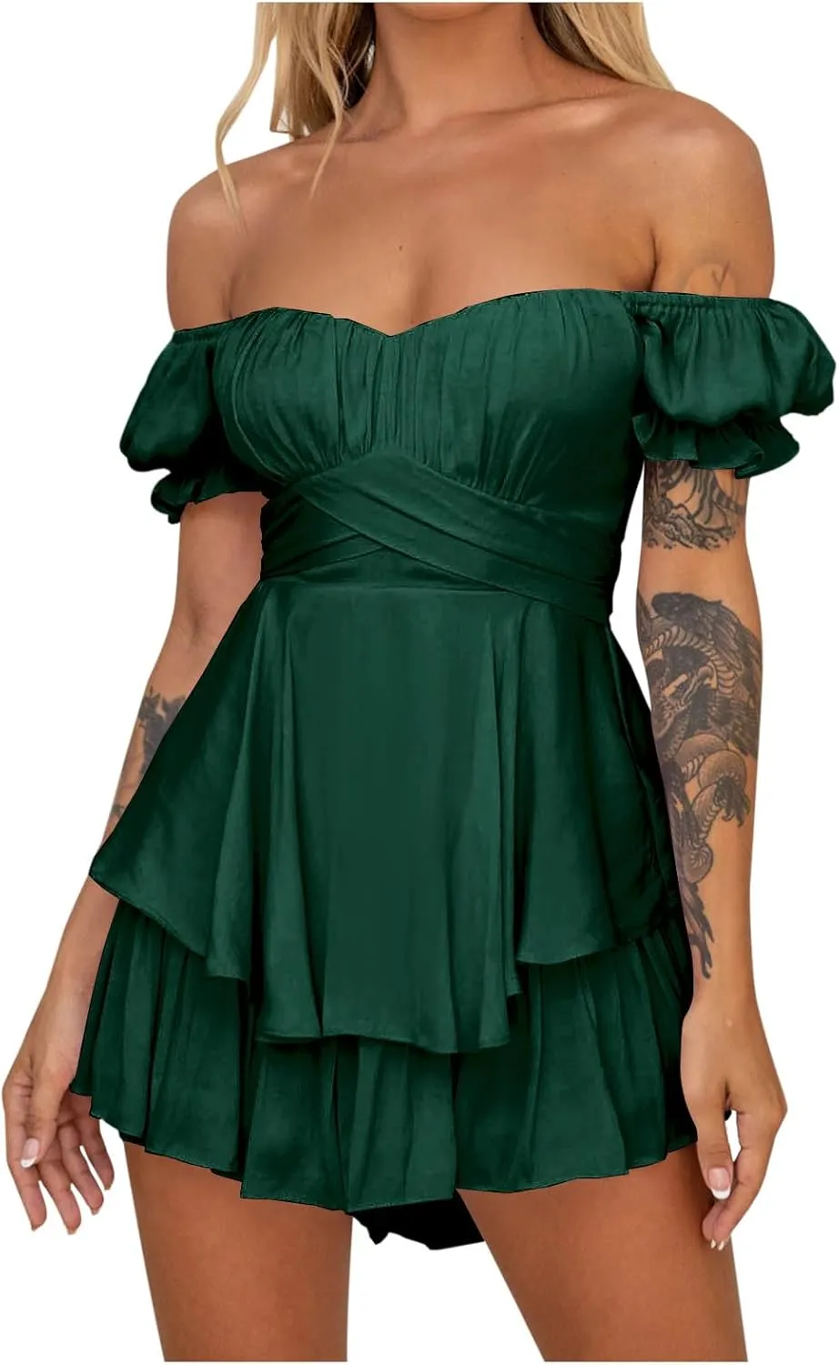 Women Off The Shoulder Mini Dresses Sexy Strapless Ruffle Hem Flowy Sundress Hawaiian Beach Vacation Dresses Fairy Dresses