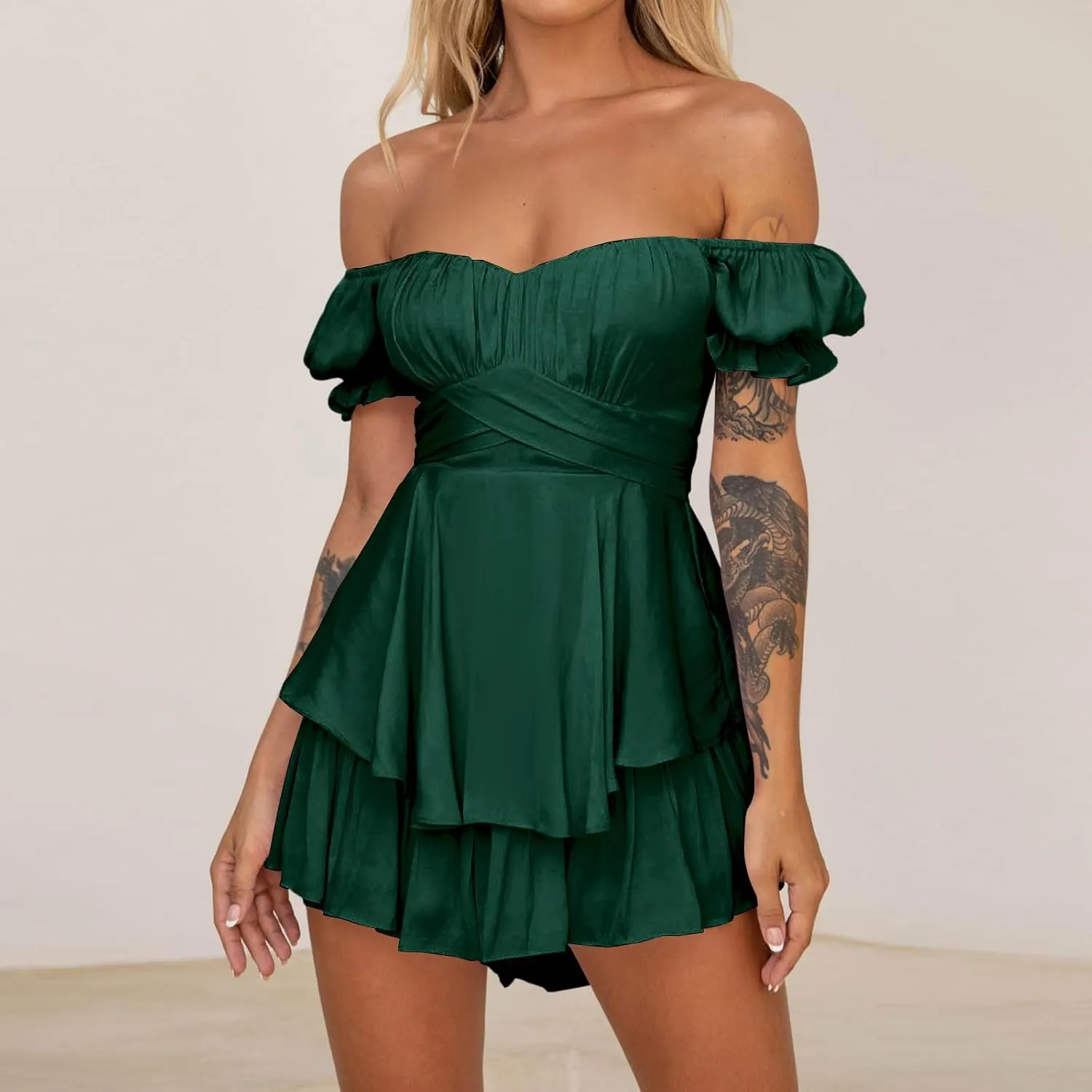 Women Off The Shoulder Mini Dresses Sexy Strapless Ruffle Hem Flowy Sundress Hawaiian Beach Vacation Dresses Fairy Dresses