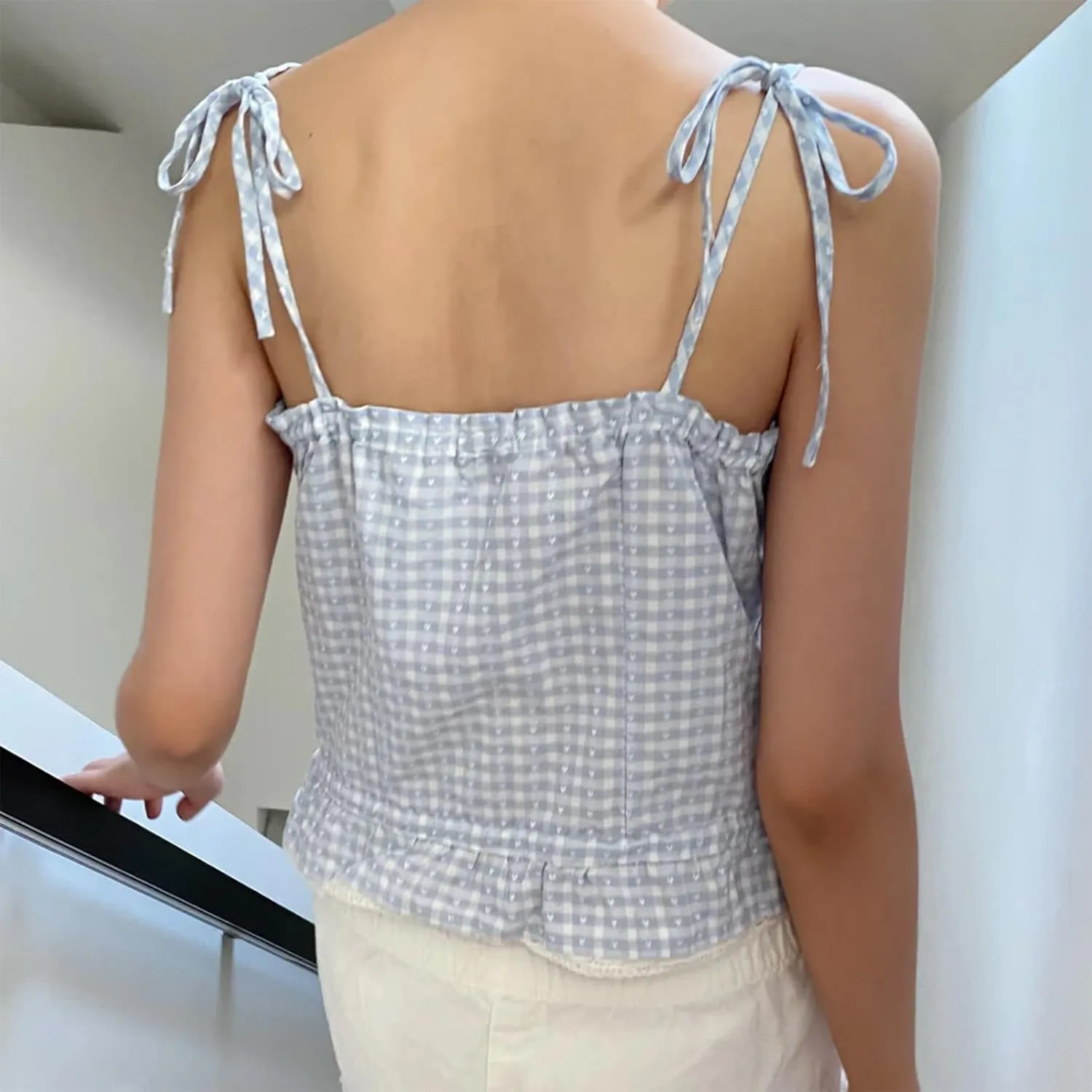 Women Plaid Camisole Gingham Tank Top Y2k Lace Trim Corset Babydoll Peplum Spaghetti Strap Going Out Cami Shirt