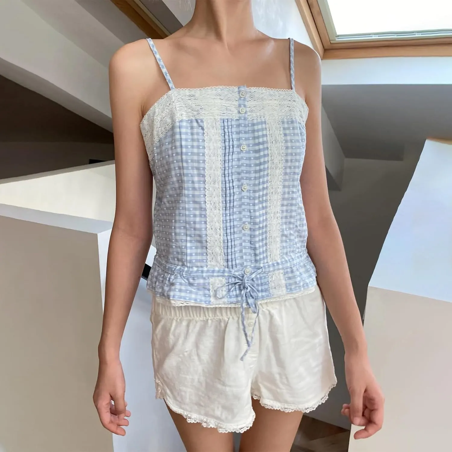 Women Plaid Camisole Gingham Tank Top Y2k Lace Trim Corset Babydoll Peplum Spaghetti Strap Going Out Cami Shirt