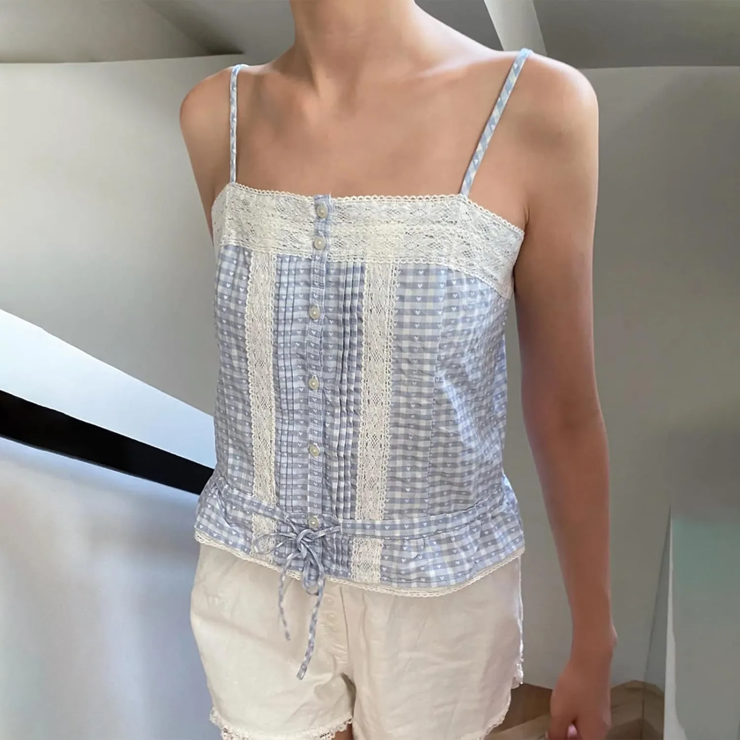 Women Plaid Camisole Gingham Tank Top Y2k Lace Trim Corset Babydoll Peplum Spaghetti Strap Going Out Cami Shirt