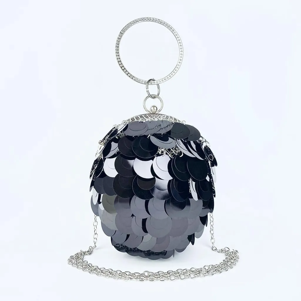 Women Round Ball Sequin Evening Bag Vintage Metal Cage Clutch Purse Glitter Handbag for Disco Bar Party Banquet