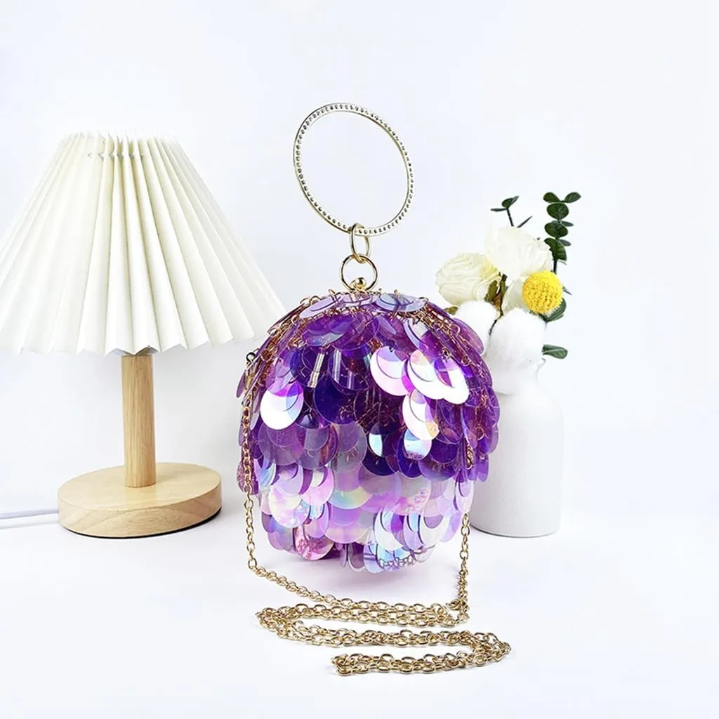Women Round Ball Sequin Evening Bag Vintage Metal Cage Clutch Purse Glitter Handbag for Disco Bar Party Banquet