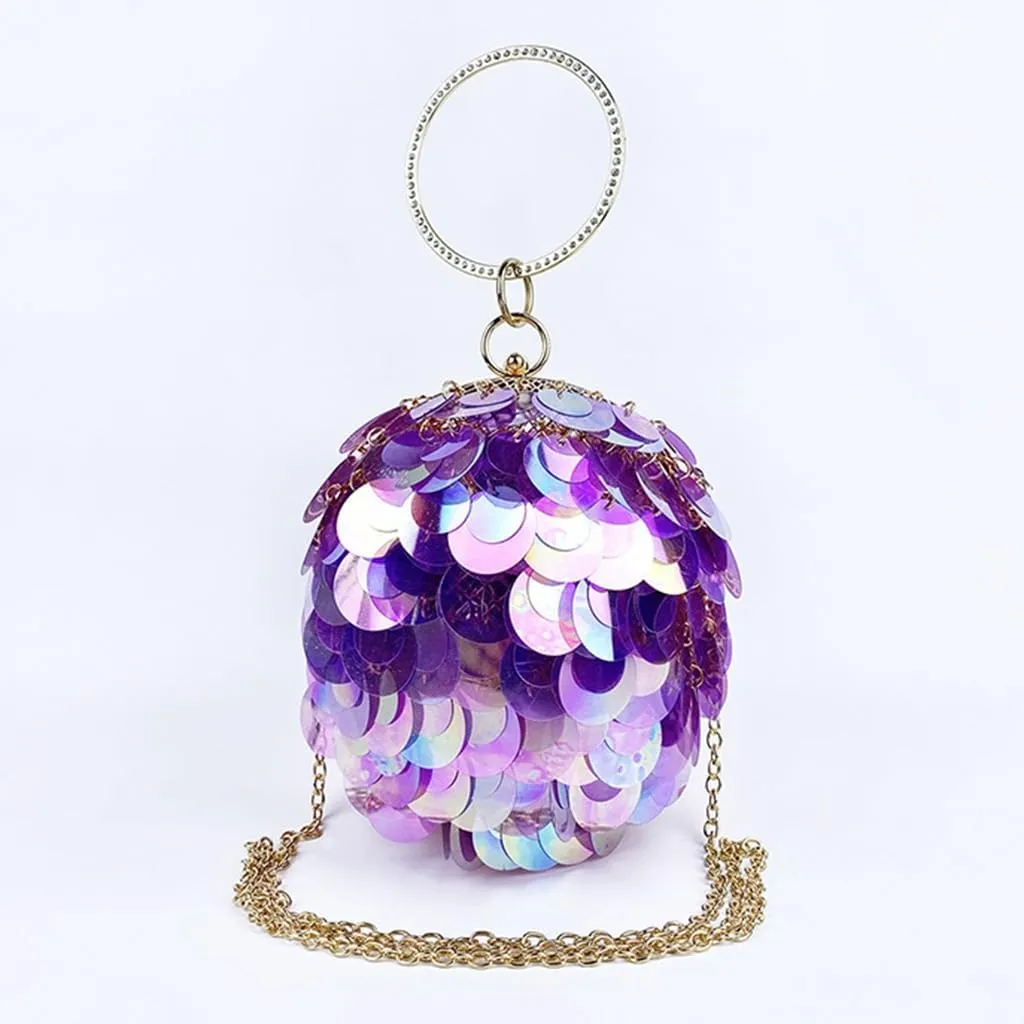 Women Round Ball Sequin Evening Bag Vintage Metal Cage Clutch Purse Glitter Handbag for Disco Bar Party Banquet