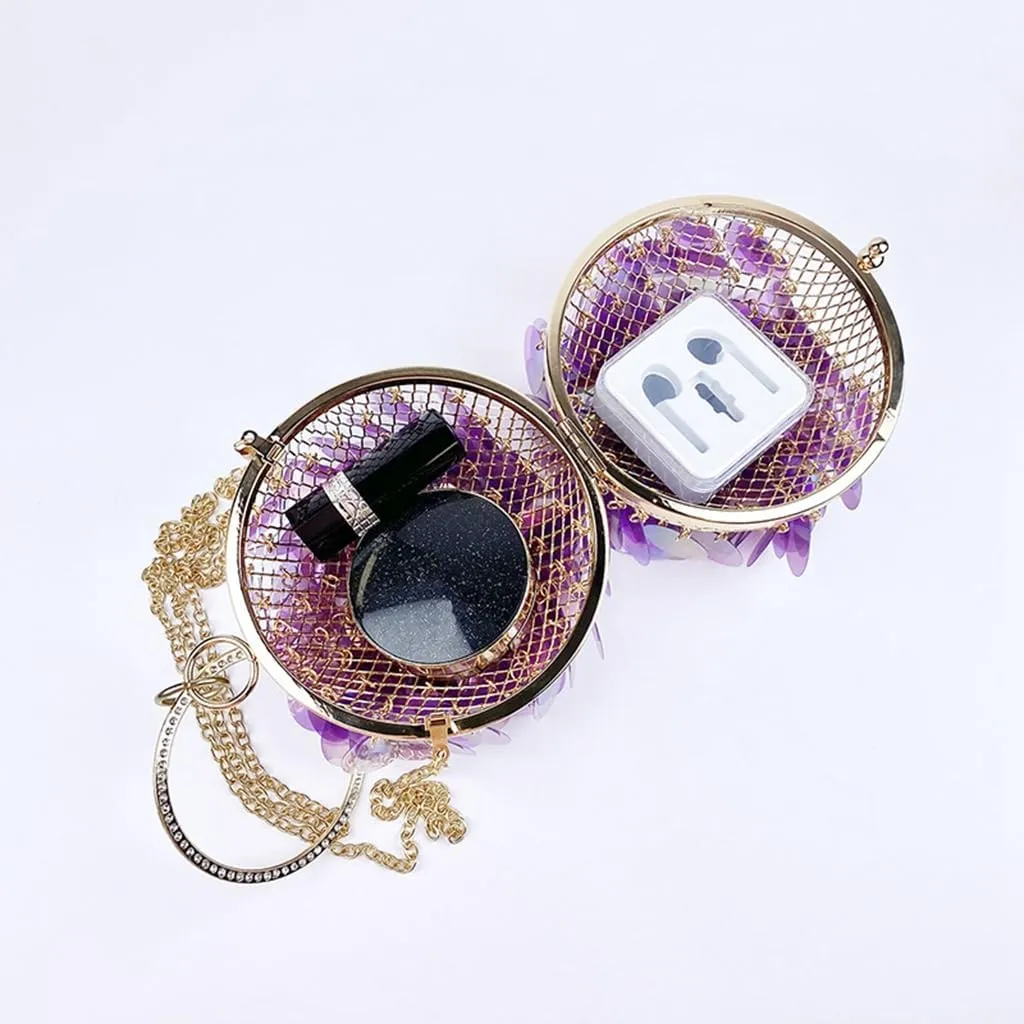 Women Round Ball Sequin Evening Bag Vintage Metal Cage Clutch Purse Glitter Handbag for Disco Bar Party Banquet