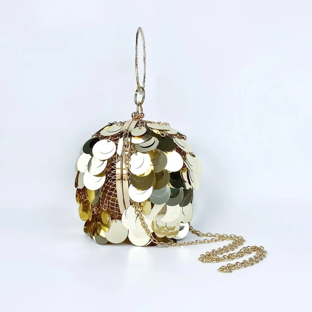 Women Round Ball Sequin Evening Bag Vintage Metal Cage Clutch Purse Glitter Handbag for Disco Bar Party Banquet