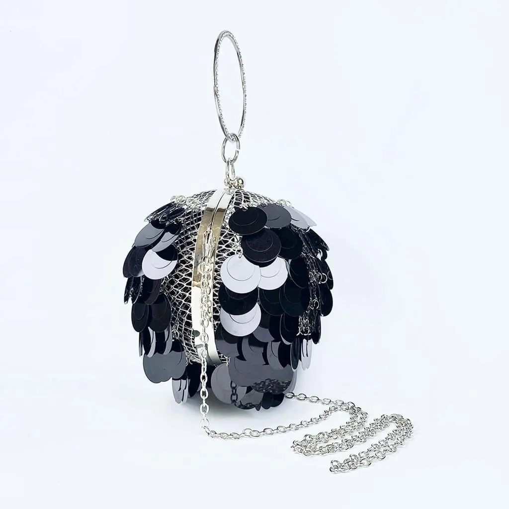 Women Round Ball Sequin Evening Bag Vintage Metal Cage Clutch Purse Glitter Handbag for Disco Bar Party Banquet