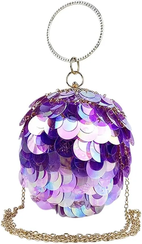 Women Round Ball Sequin Evening Bag Vintage Metal Cage Clutch Purse Glitter Handbag for Disco Bar Party Banquet