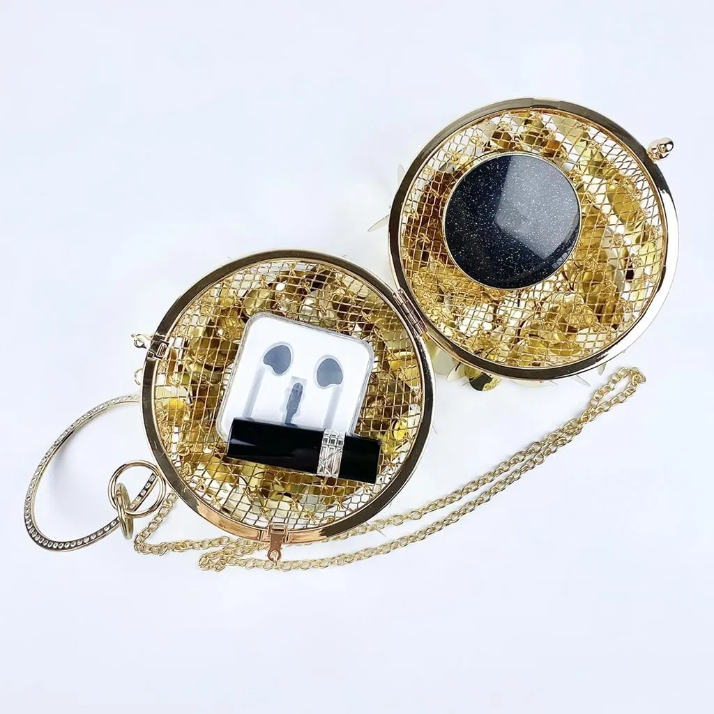 Women Round Ball Sequin Evening Bag Vintage Metal Cage Clutch Purse Glitter Handbag for Disco Bar Party Banquet