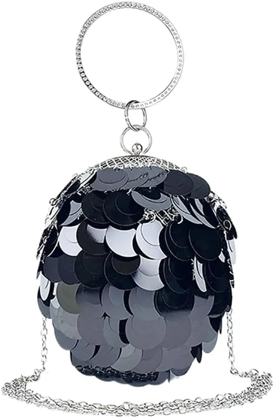 Women Round Ball Sequin Evening Bag Vintage Metal Cage Clutch Purse Glitter Handbag for Disco Bar Party Banquet