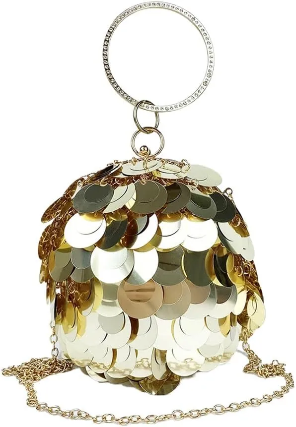 Women Round Ball Sequin Evening Bag Vintage Metal Cage Clutch Purse Glitter Handbag for Disco Bar Party Banquet