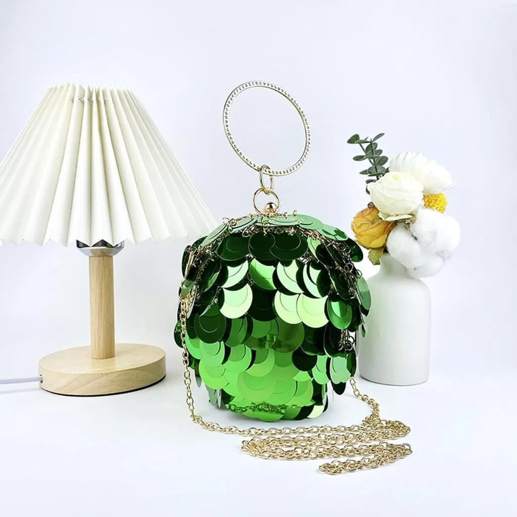 Women Round Ball Sequin Evening Bag Vintage Metal Cage Clutch Purse Glitter Handbag for Disco Bar Party Banquet