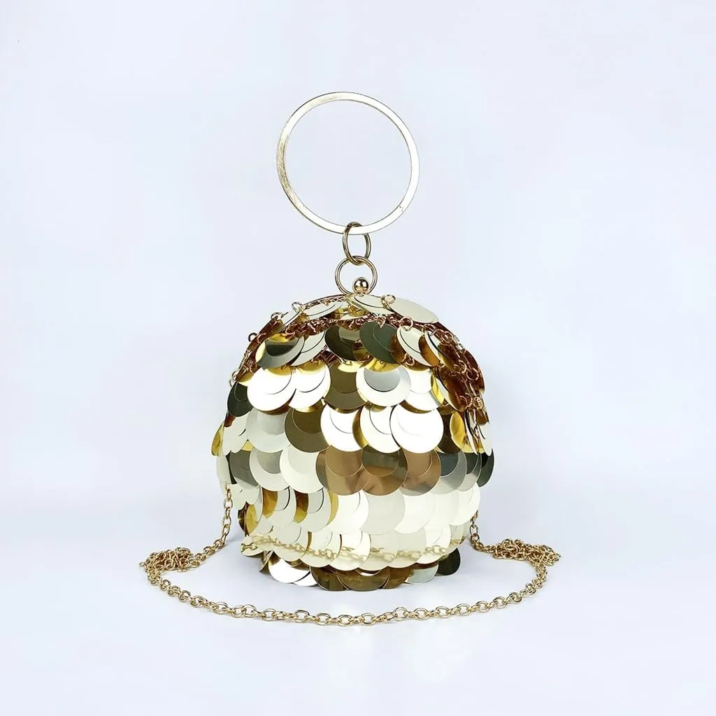 Women Round Ball Sequin Evening Bag Vintage Metal Cage Clutch Purse Glitter Handbag for Disco Bar Party Banquet
