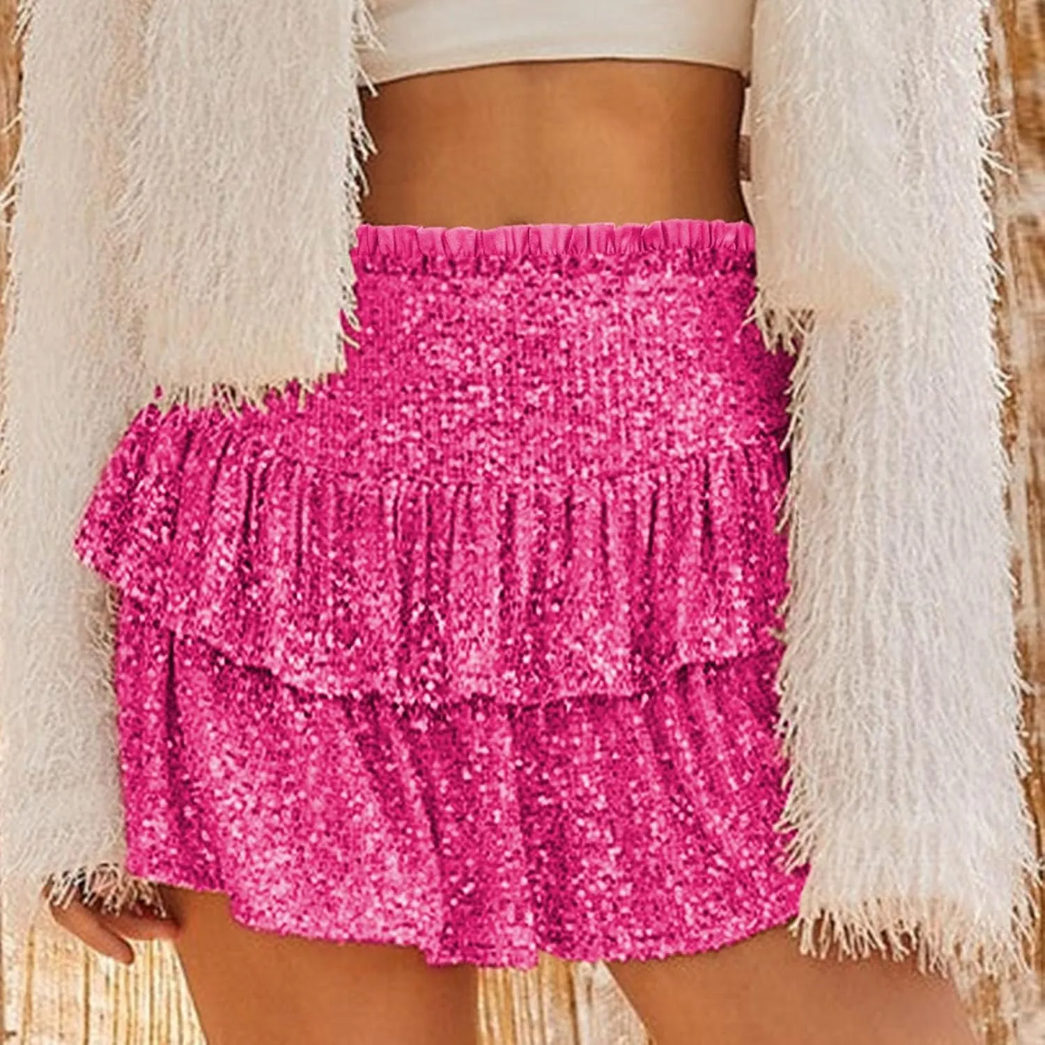 Women Sequin Skirt Sparkly Cute High Waist Ruffle Skirt Fashion 2025 Teen Girls Night Out Party Glitter Mini Skirt
