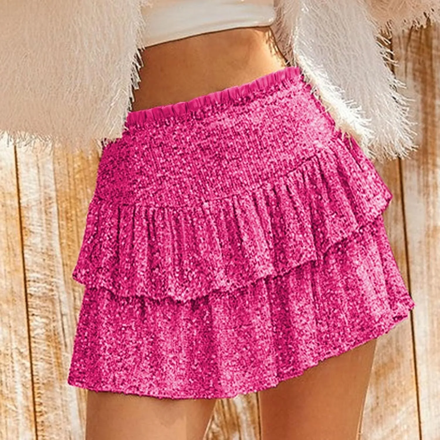 Women Sequin Skirt Sparkly Cute High Waist Ruffle Skirt Fashion 2025 Teen Girls Night Out Party Glitter Mini Skirt