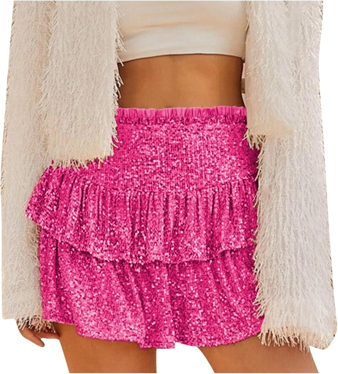 Women Sequin Skirt Sparkly Cute High Waist Ruffle Skirt Fashion 2025 Teen Girls Night Out Party Glitter Mini Skirt
