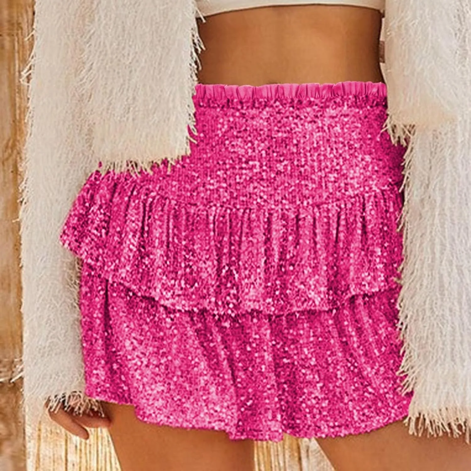 Women Sequin Skirt Sparkly Cute High Waist Ruffle Skirt Fashion 2025 Teen Girls Night Out Party Glitter Mini Skirt