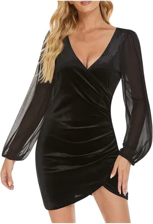 Women Sexy Bodycon Cross Ruched Wrap Sheath Dresses Mesh Long Sleeve V Neck Cocktail Mini Pencil Dress with Tulip Slit