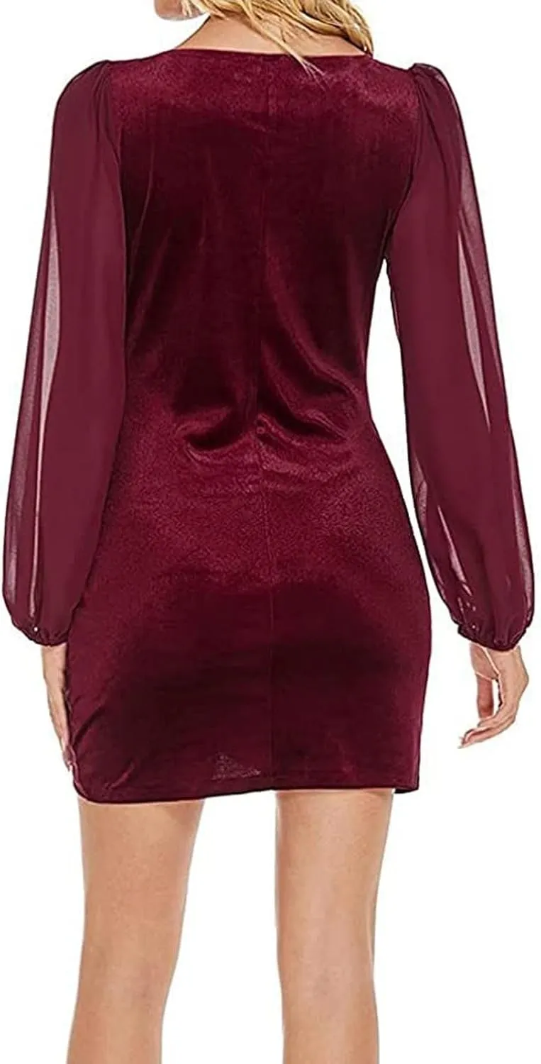 Women Sexy Bodycon Cross Ruched Wrap Sheath Dresses Mesh Long Sleeve V Neck Cocktail Mini Pencil Dress with Tulip Slit
