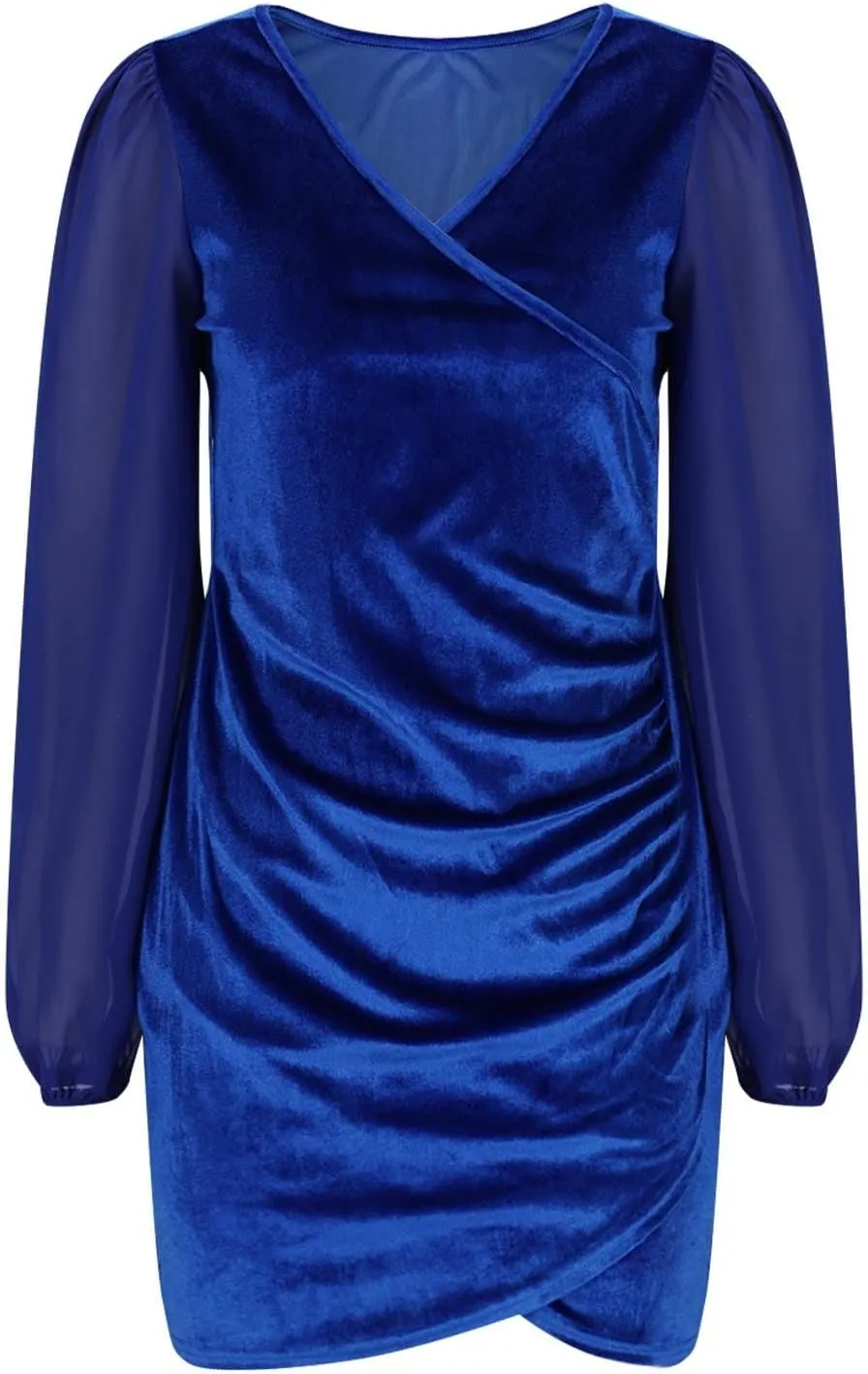 Women Sexy Bodycon Cross Ruched Wrap Sheath Dresses Mesh Long Sleeve V Neck Cocktail Mini Pencil Dress with Tulip Slit